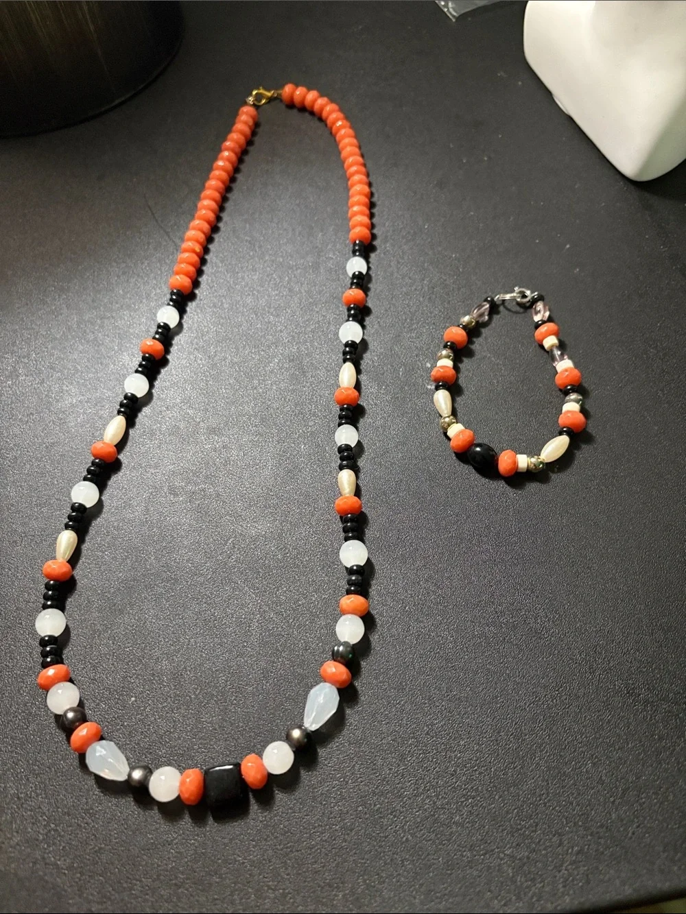 Handcrafted Orange & Black Bead Necklace and Bracelet Set